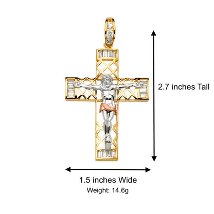 14K Tri-Color Gold Cubic Zirconia Crucifix Cross Religious Pendant - 39x68mm