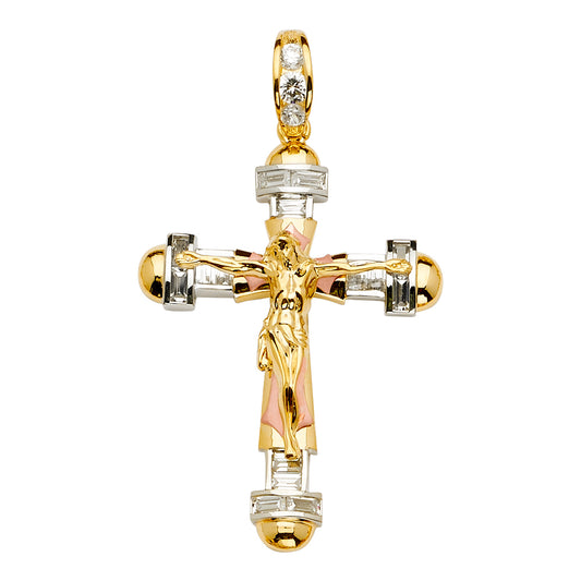 14K Tri-Color Gold Cubic Zirconia Crucifix Cross Religious Pendant with Jesus Figure