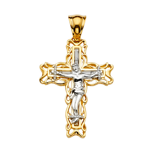 14K Two-Tone Gold CZ Crucifix Cross Religious Pendant for Necklace or Chain
