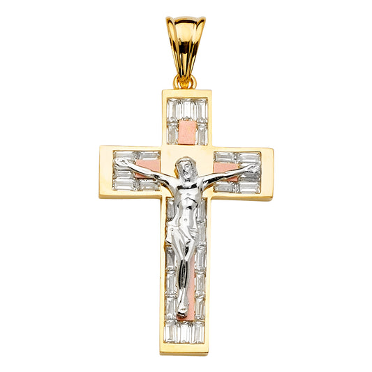 Tri-color gold cross pendant with a crucifix on a white background available on the TX.ORO website.
