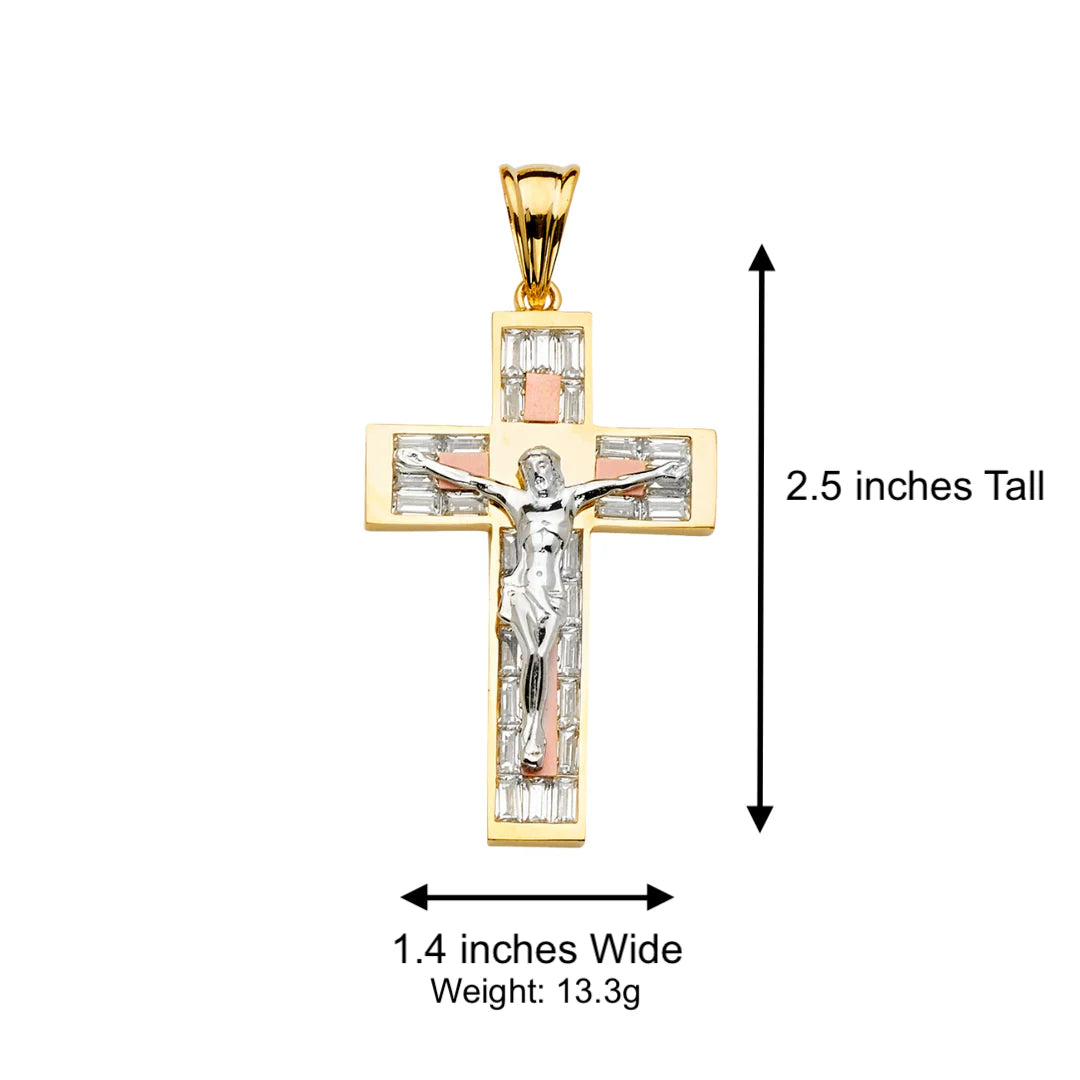 Tri-color gold crucifix pendant with measurements on a white background available on the TX.ORO website.