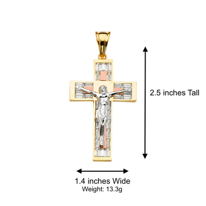 Tri-color gold crucifix pendant with measurements on a white background available on the TX.ORO website.