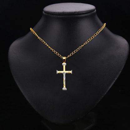 14K Two-Tone Yellow & White Gold Catholic Crucifix Cross Pendant for Necklace or Chain