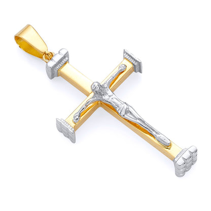 14K Two-Tone Yellow & White Gold Catholic Crucifix Cross Pendant for Necklace or Chain