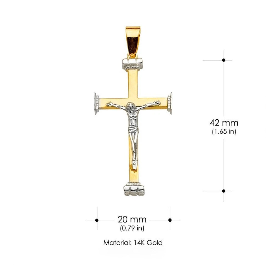 14K Two-Tone Yellow & White Gold Catholic Crucifix Cross Pendant for Necklace or Chain