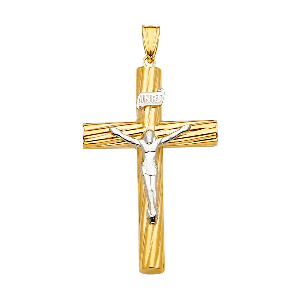 14K Two-Tone Yellow & White Gold Catholic Crucifix Cross Charm Pendant - 26×47mm