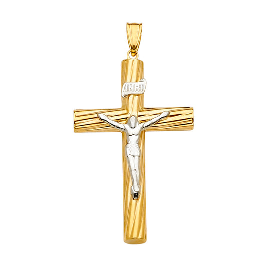 14K Two-Tone Yellow & White Gold Catholic Crucifix Cross Charm Pendant - 26×47mm