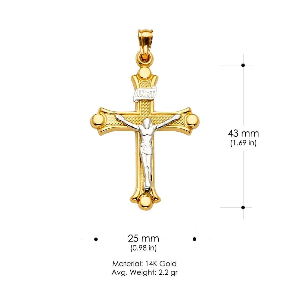 14K Two-Tone Yellow & White Gold Catholic Crucifix Cross INRI Religious Pendant