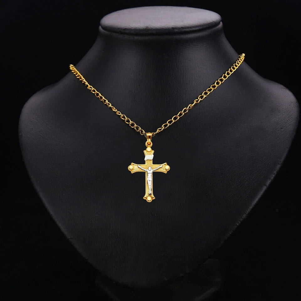 14K Two-Tone Yellow & White Gold Catholic Crucifix Cross INRI Religious Pendant