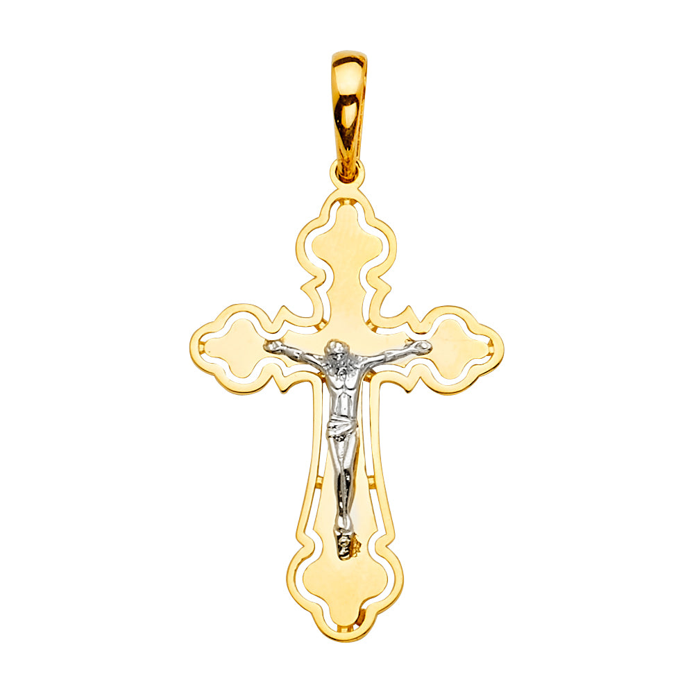 Gold cross pendant with a figure of Jesus on a white background