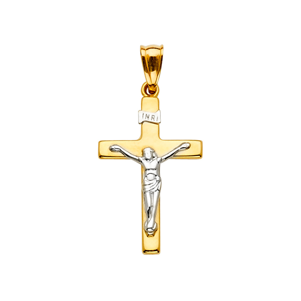 14K Two-Tone Yellow & White Gold Catholic Crucifix INRI Religious Cross Pendant