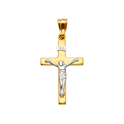 14K Two-Tone Yellow & White Gold Catholic Crucifix INRI Religious Cross Pendant