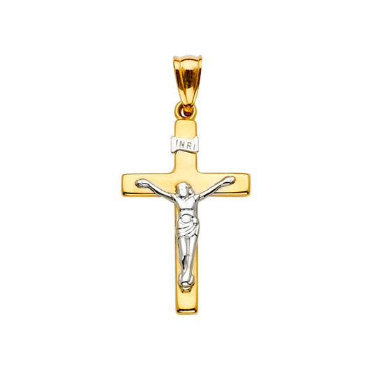 14K Two-Tone Yellow & White Gold Catholic Crucifix INRI Religious Cross Pendant