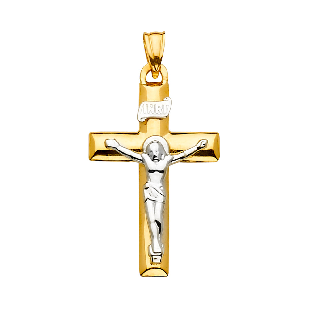 14K Two-Tone Yellow & White Gold Catholic Crucifix Cross Religious Pendant - 20x38mm