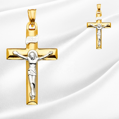 14K Two-Tone Yellow & White Gold Catholic Crucifix Cross Religious Pendant - 20x38mm