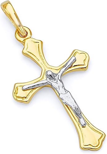 14K Two-Tone Yellow & White Gold Catholic Crucifix Jesus Cross Charm Pendant