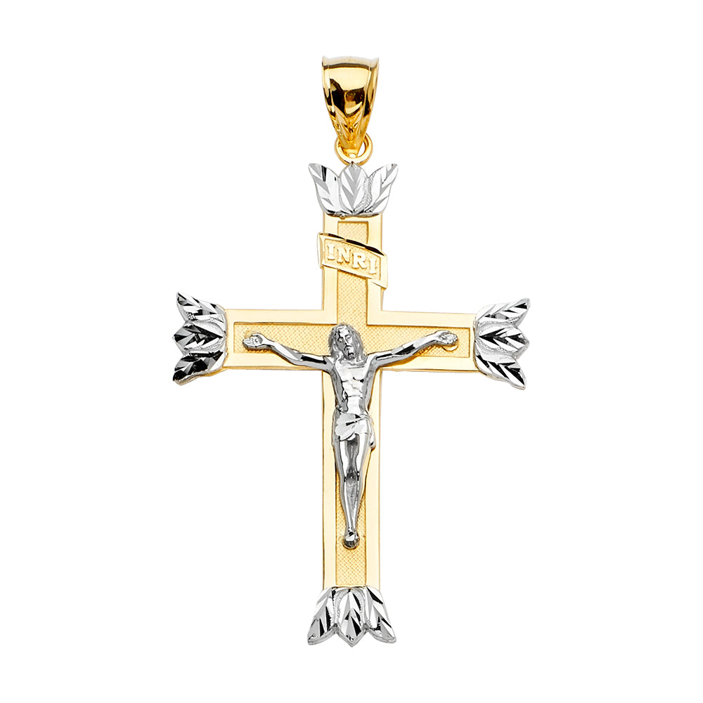 14K Two-Tone Yellow & White Gold Crucifix INRI Cross with Leaf Tips Pendant