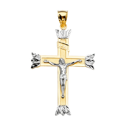 14K Two-Tone Yellow & White Gold Crucifix INRI Cross with Leaf Tips Pendant