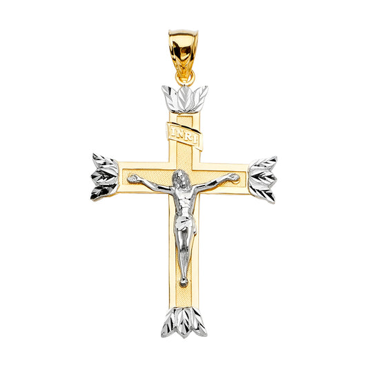 14K Two-Tone Yellow & White Gold Crucifix INRI Cross with Leaf Tips Pendant