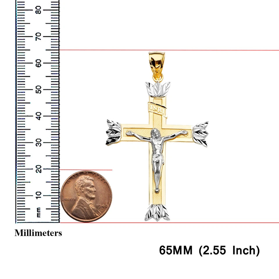 14K Two-Tone Yellow & White Gold Crucifix INRI Cross with Leaf Tips Pendant