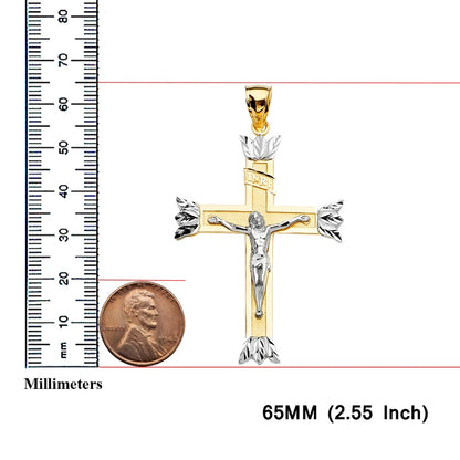 14K Two-Tone Yellow & White Gold Crucifix INRI Cross with Leaf Tips Pendant