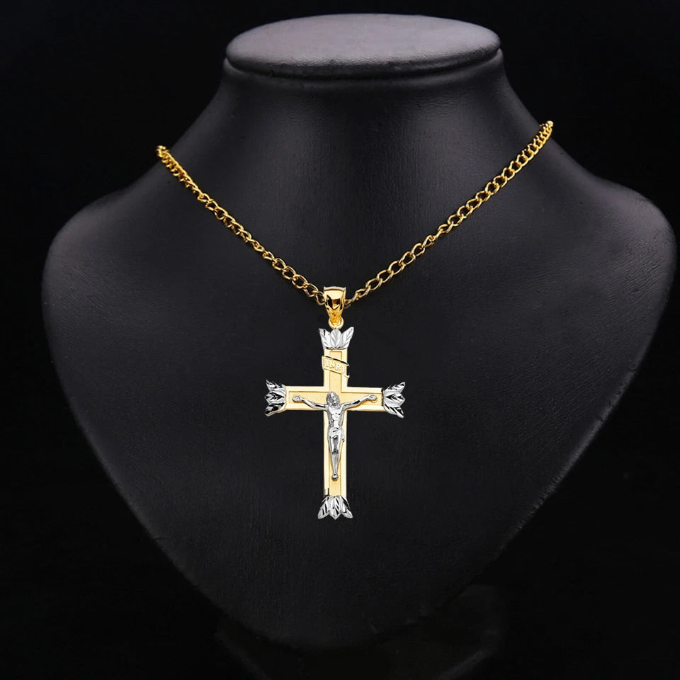 14K Two-Tone Yellow & White Gold Crucifix INRI Cross with Leaf Tips Pendant