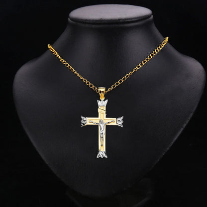 14K Two-Tone Yellow & White Gold Crucifix INRI Cross with Leaf Tips Pendant
