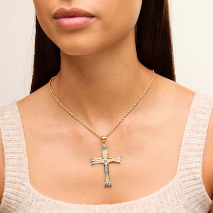14K Two-Tone Yellow & White Gold Crucifix INRI Cross with Leaf Tips Pendant