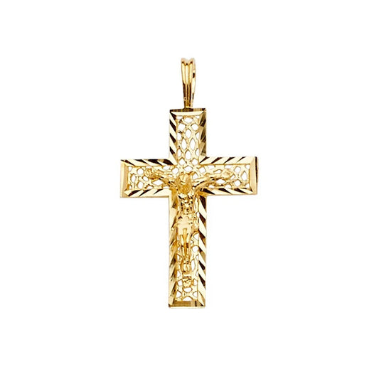 Gold cross pendant on a white background