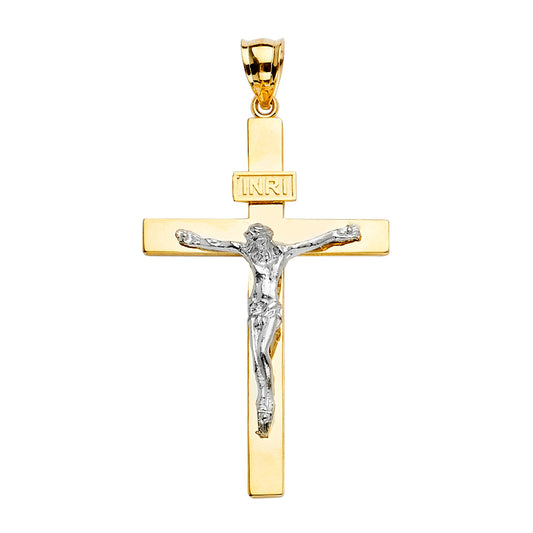 14K Solid Two-Tone Yellow & White Gold Catholic Crucifix Cross INRI Pendant