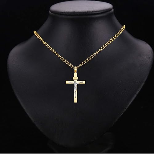 14K Solid Two-Tone Yellow & White Gold Catholic Crucifix Cross INRI Pendant