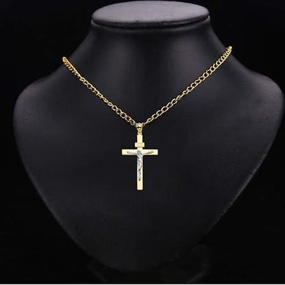 14K Solid Two-Tone Yellow & White Gold Catholic Crucifix Cross INRI Pendant