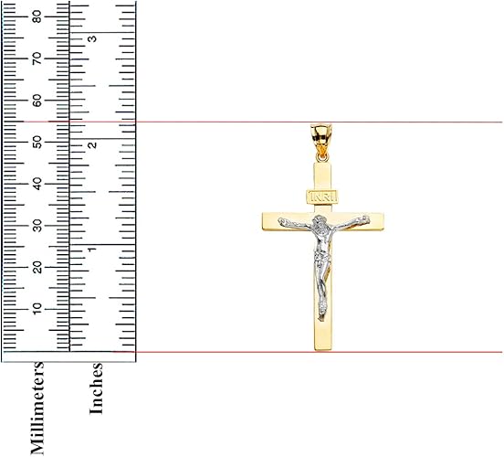 14K Solid Two-Tone Yellow & White Gold Catholic Crucifix Cross INRI Pendant