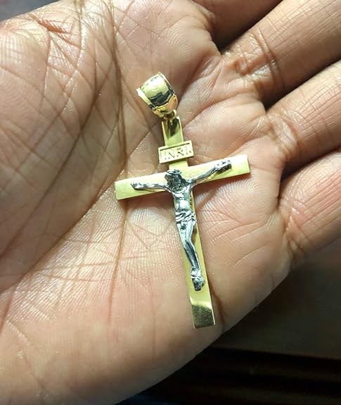 14K Solid Two-Tone Yellow & White Gold Catholic Crucifix Cross INRI Pendant