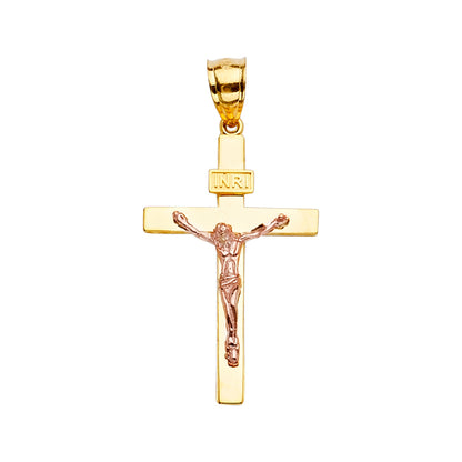 14K Two-Tone Yellow & Rose Gold Catholic Crucifix Cross Pendant with INRI