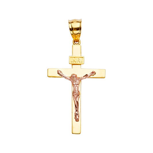 14K Two-Tone Yellow & Rose Gold Catholic Crucifix Cross Pendant with INRI