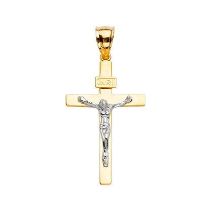 14K Two-Tone Yellow & White Gold Catholic Jesus INRI Crucifix Pendant – 39×19mm