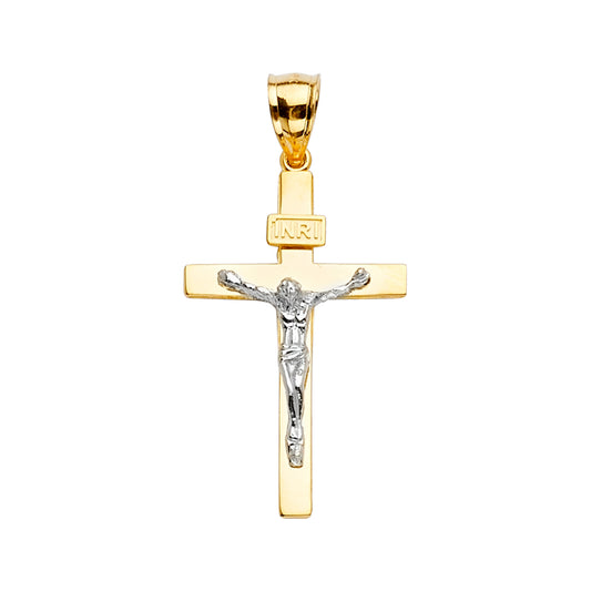 14K Two-Tone Yellow & White Gold Catholic Crucifix Jesus INRI Pendant for Necklace or Chain.