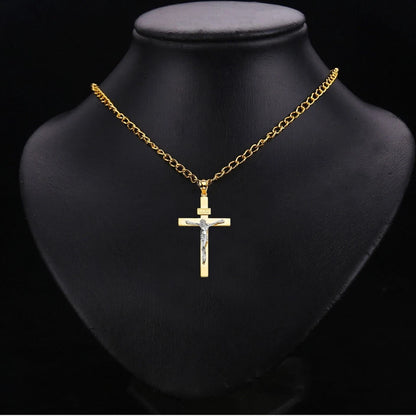 14K Two-Tone Yellow & White Gold Catholic Jesus INRI Crucifix Pendant – 39×19mm