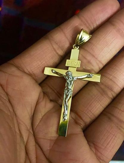 14K Two-Tone Yellow & White Gold Catholic Jesus INRI Crucifix Pendant – 39×19mm