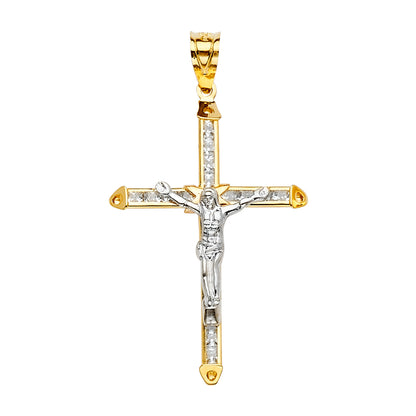 14K Two-Tone Gold Cubic Zirconia Religious Crucifix Cross Pendant