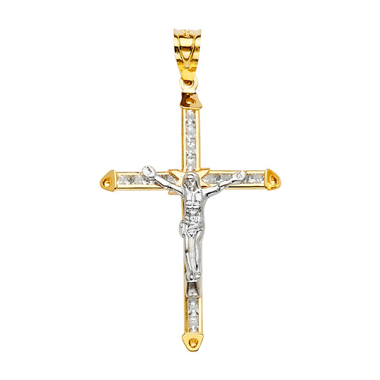 14K Two-Tone Gold Cubic Zirconia Religious Crucifix Cross Pendant