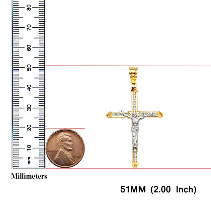 14K Two-Tone Gold Cubic Zirconia Religious Crucifix Cross Pendant