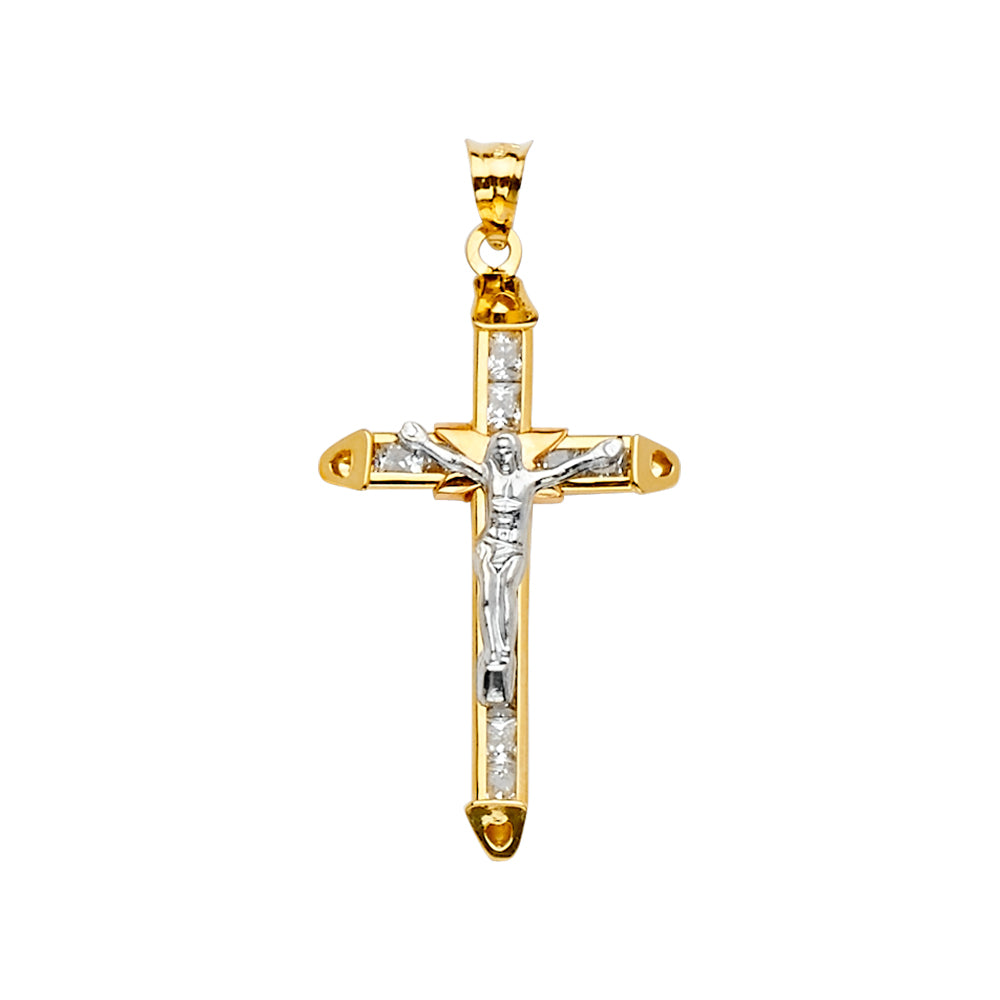 14K Two-Tone Gold Cubic Zirconia Crucifix Cross Religious Pendant for Necklace or Chain