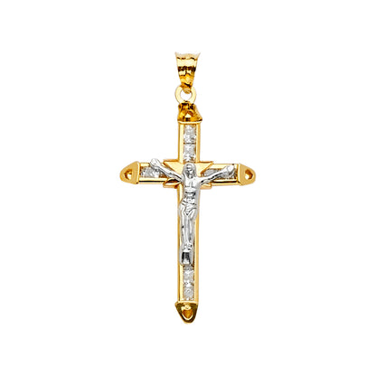 14K Two-Tone Gold Cubic Zirconia Crucifix Cross Religious Pendant for Necklace or Chain