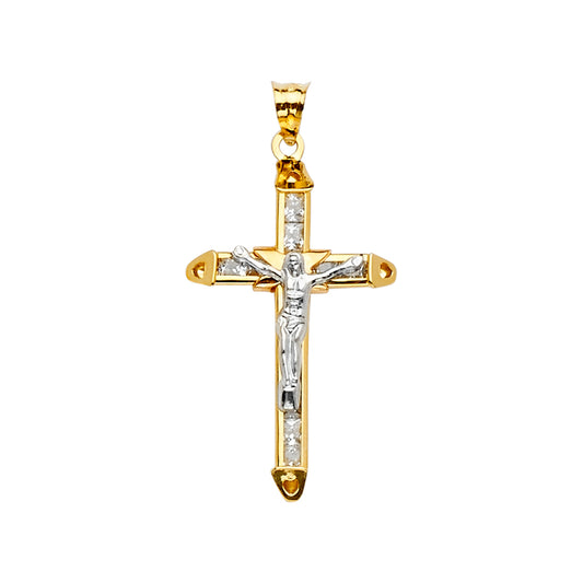 14K Two-Tone Gold Cubic Zirconia Crucifix Cross Religious Pendant for Necklace or Chain