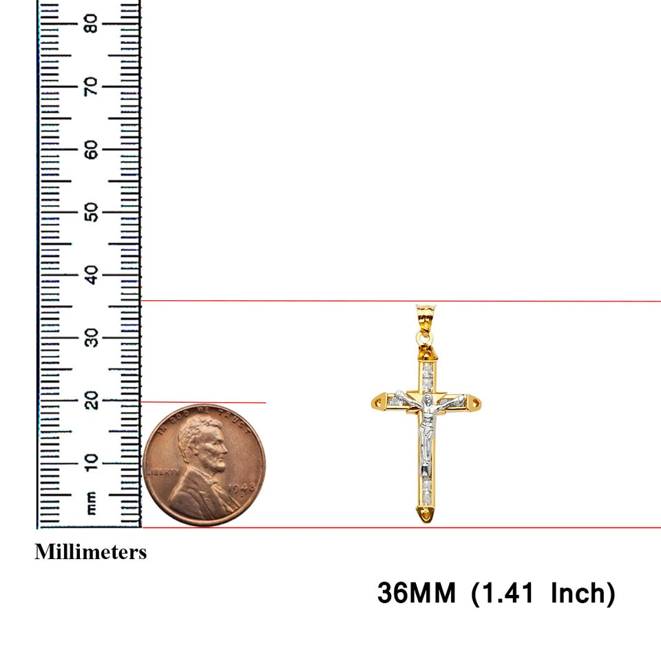 14K Two-Tone Gold Cubic Zirconia Crucifix Cross Religious Pendant for Necklace or Chain