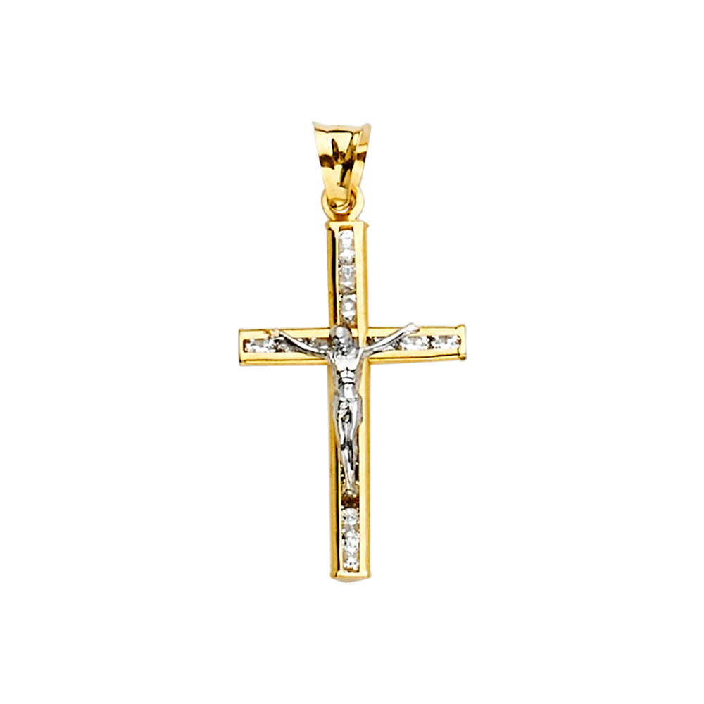 14K Two-Tone Gold Cubic Zirconia Religious Crucifix Cross Pendant