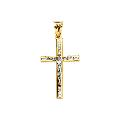 14K Two-Tone Gold Cubic Zirconia Religious Crucifix Cross Pendant