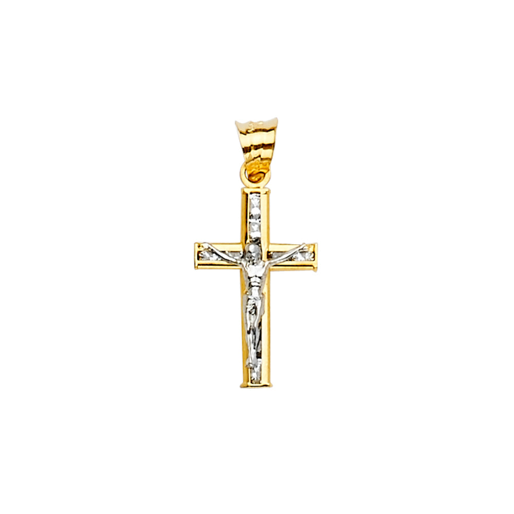 14K Two-Tone Gold Cubic Zirconia Crucifix Cross Charm Religious Pendant